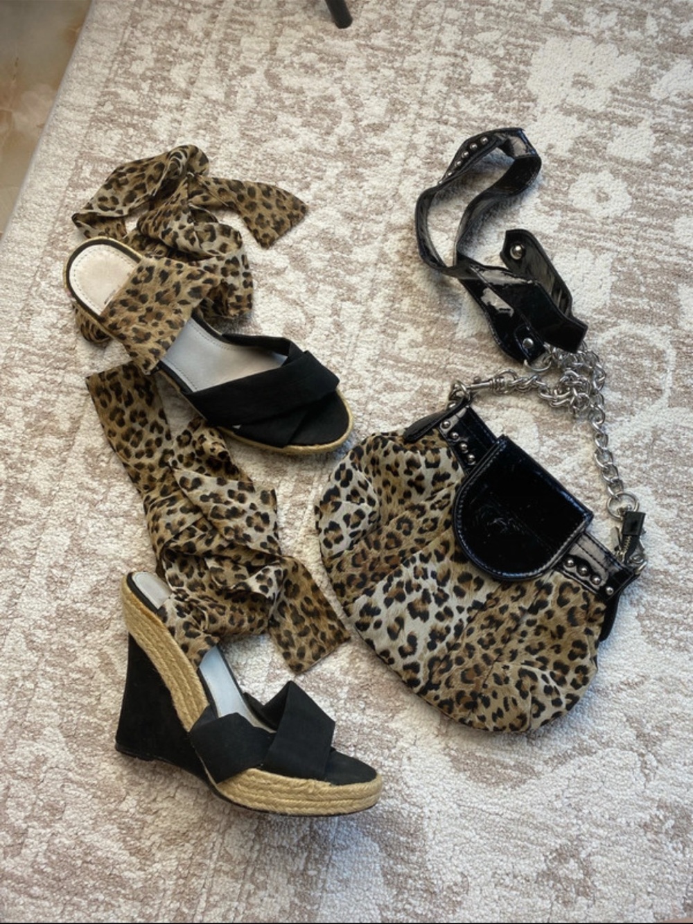 Y2K Black Espadrille Wedge Sandals with Leopard Tie-Ankle Straps & match purse